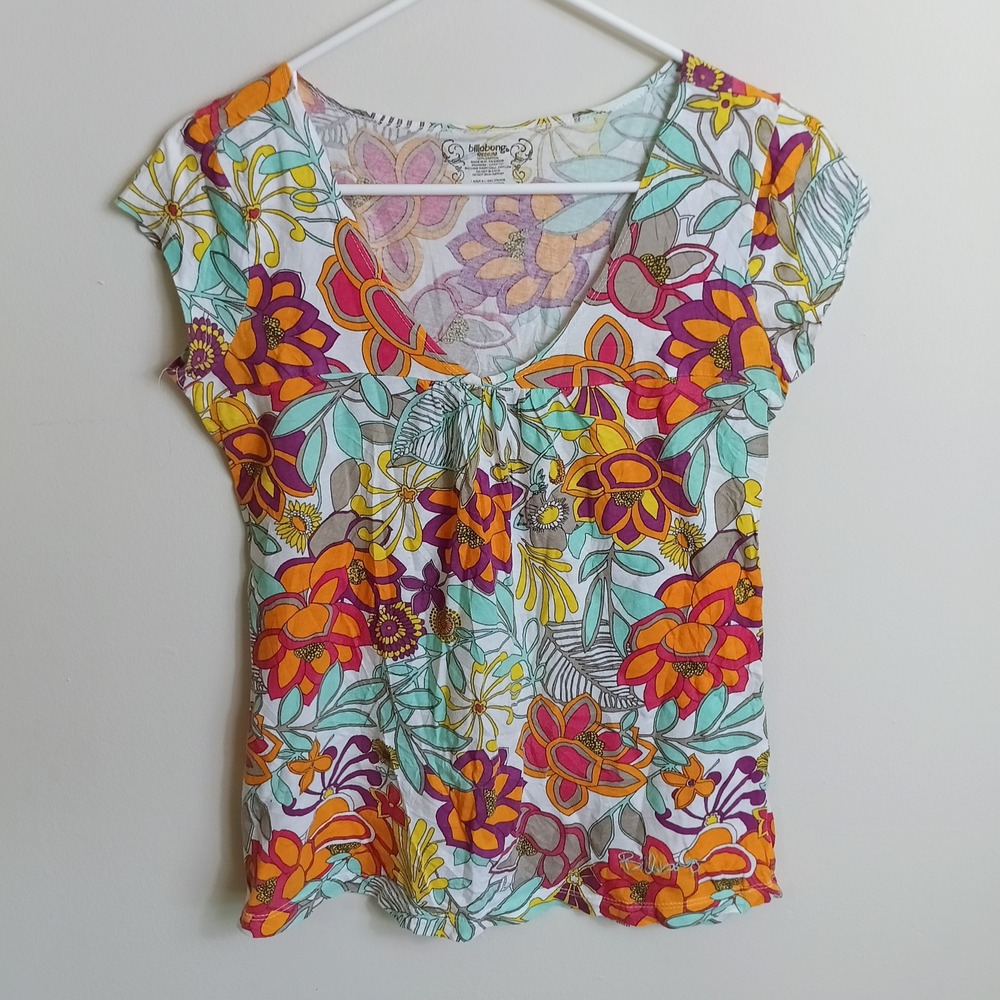 Billabong Floral Print Top Womens Medium Multicolor Excellent Cap Sleeve V-Neck